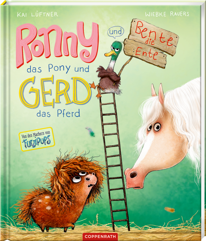 Buntes Buchcover mit Pony, Ente auf einer Leiter und flauschigem Pferd vor hellgrünem Hintergrund.