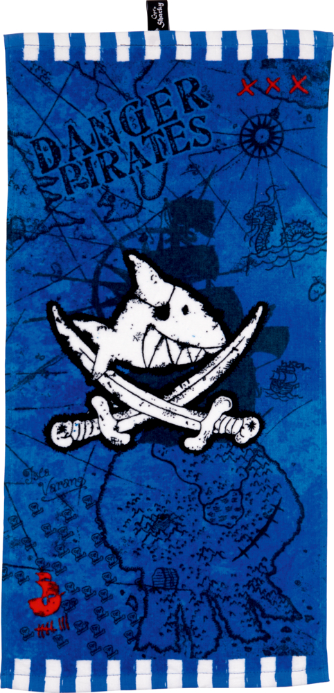 Blaue, rechteckige Fläche mit Piratenhai, gekreuzten Schwertern, Schatzkarte, Kompass und dem Text „DANGER PIRATES“.