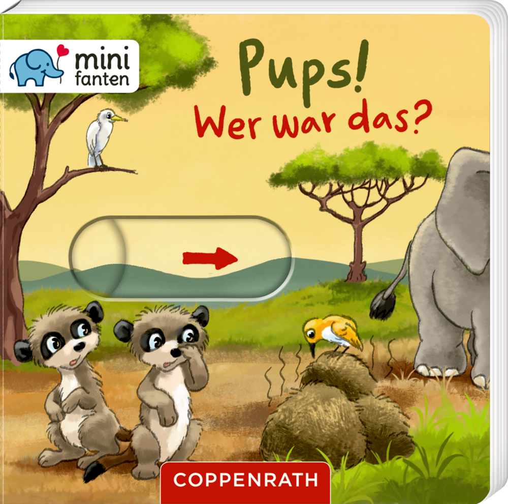 Buchcover mit Tieren der Afrikanischen Savanne und einer Schiebefläche mit Pfeil.