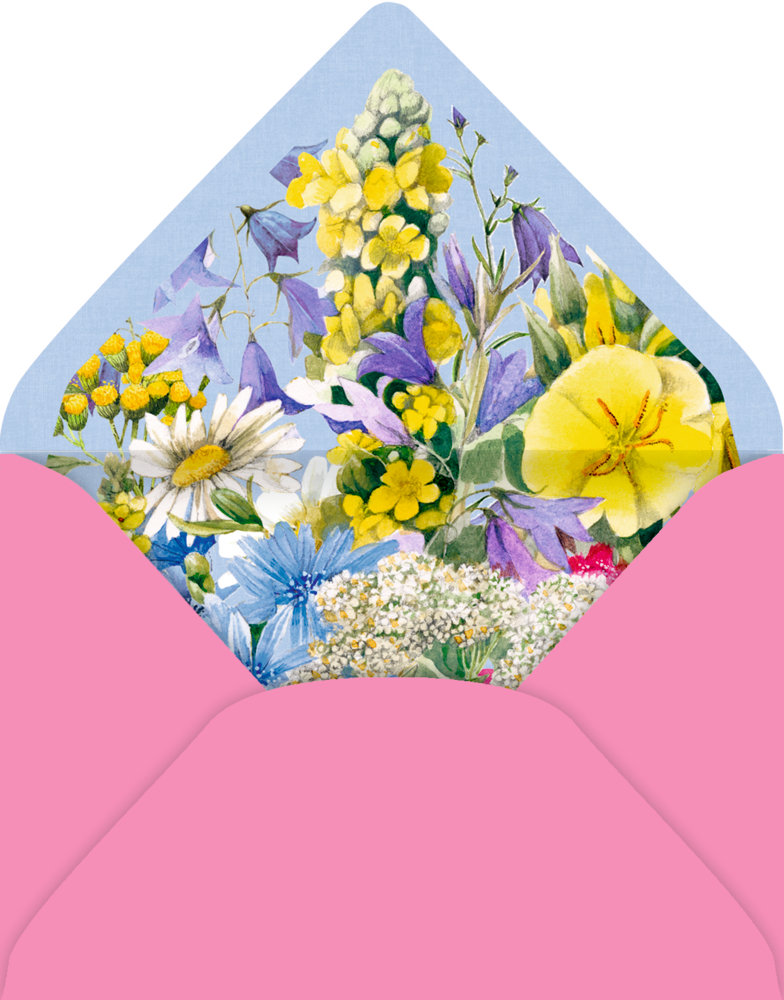 Ein pinker Umschlag mit bunten Blumen und grünen Blättern darin. Hintergrund ist blau.