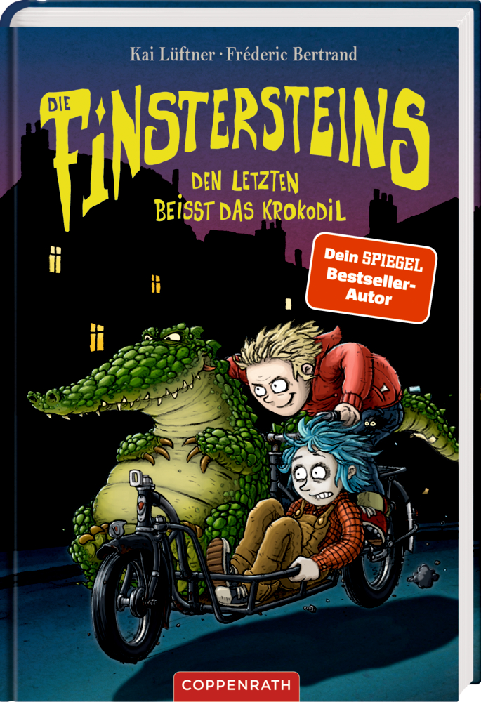 Buchcover mit zwei Comicfiguren und einem Krokodil auf einem Motorrad mit Beiwagen vor nächtlicher Stadtsilhouette.