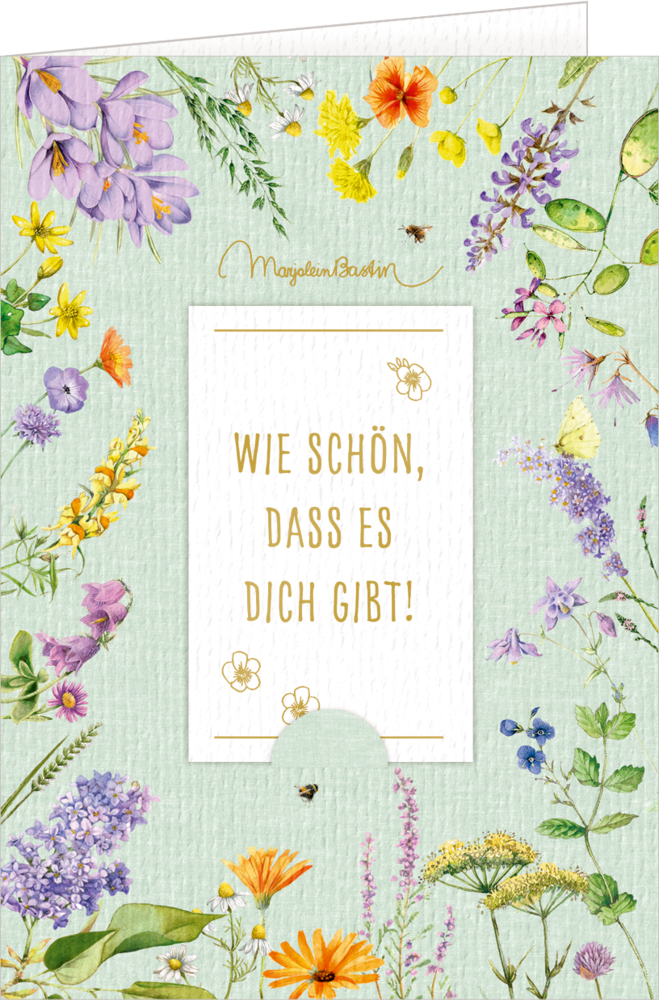 Karte mit dem Spruch â€žWIE SCHÃ–N, DASS ES DICH GIBT!â€œ mit bunten Blumenmotiven auf hellgrünem Hintergrund.