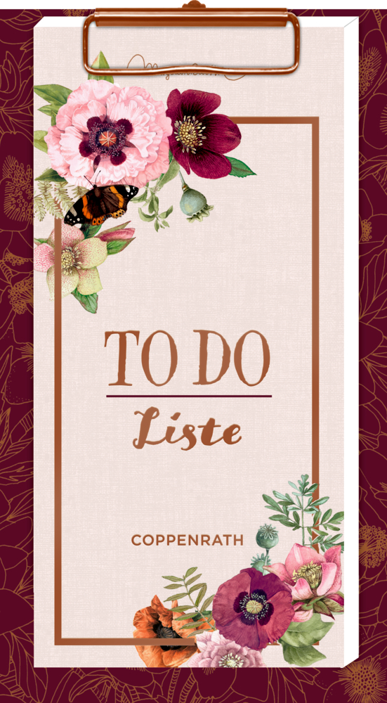Klemmbrett mit Blumenmuster und einer zentralen „To-Do-Liste“, umgeben von leuchtenden Blumen und einem Schmetterling.