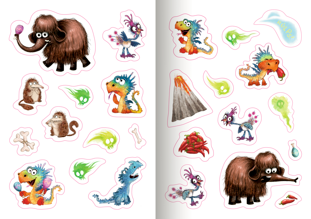 Innenseite des Stickerhefts: Bunte Cartoon-Mammuts, Dinosaurier, Vulkane, Knochen und Blobs auf zwei weißen Seiten als bunte Aufkleber.