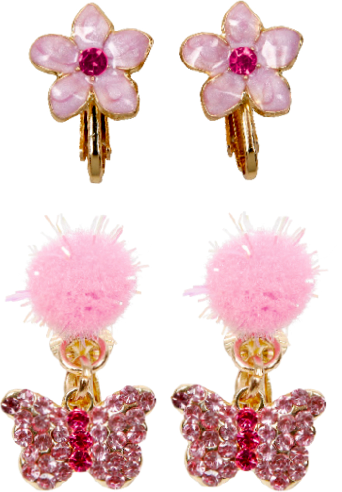 Zwei Paar rosa Clip-Ohrringe: eins mit Blumen, eins mit Pompons und verzierten Schmetterlingen.