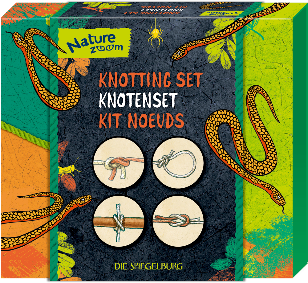 "Pappbox mit Schlangen- und Naturmotiven und verschiedenen Knotenabbildungen."
