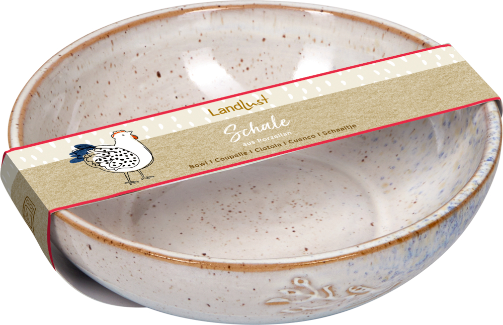 Creme-weiße, flache Keramikschale mit brauner Papierbanderole und illustriertem Huhn.