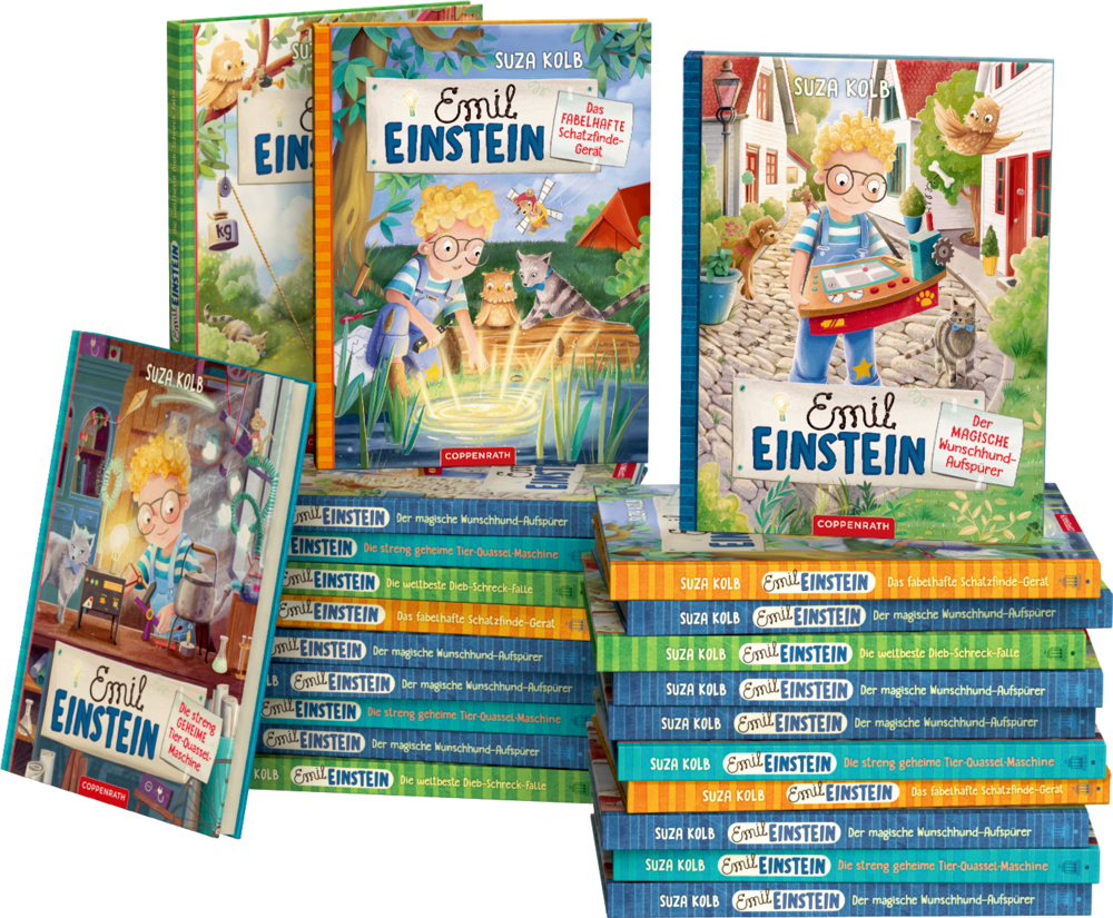 Stapel bunter Emil-Einstein-Kinderbücher mit illustrierten Covern, die einen Jungen und verschiedene Tiere zeigen.