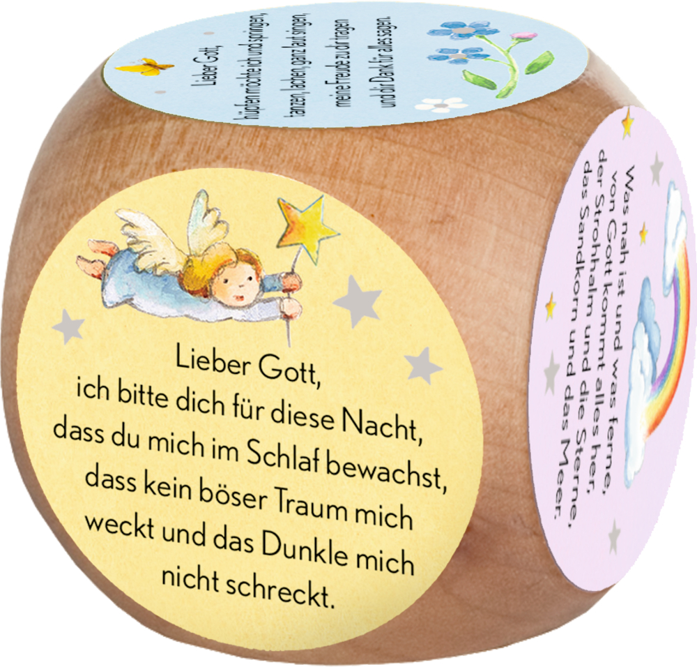 Hölzerner Gebetswürfel mit  Gutenachtgebet und Engel, der einen Stern auf gelbem Hintergrund hält.
