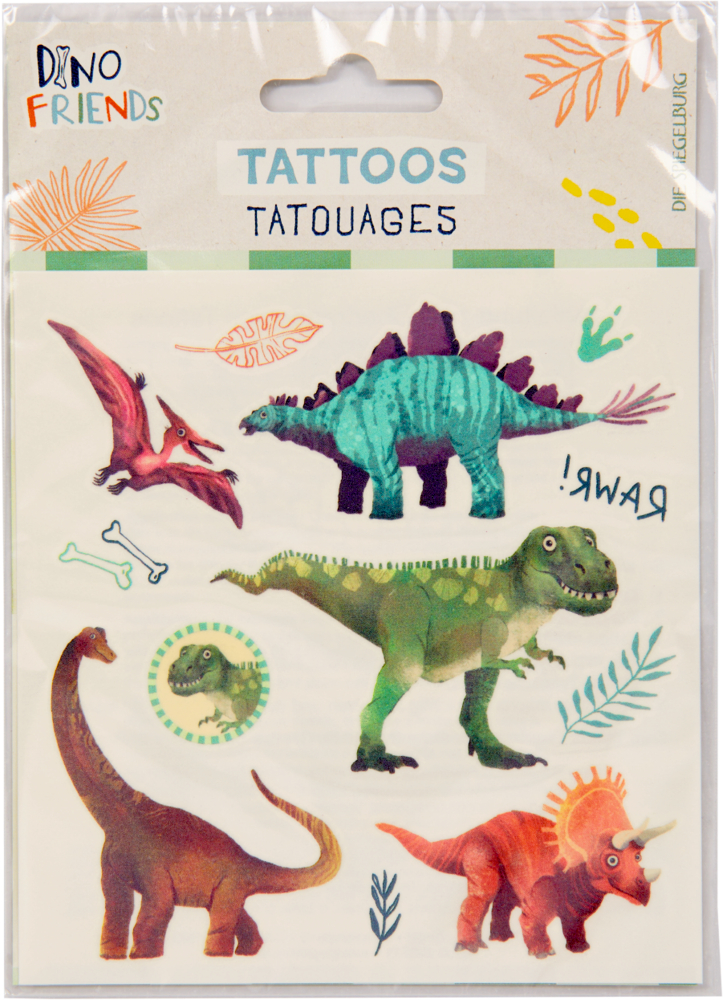 Buntes Set mit temporären Dinosaurier-Tattoos mit T. Rex, Stegosaurus, Triceratops und mehr.