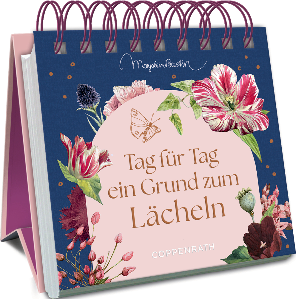 Tischaufsteller mit Spiralbindung, blaues Cover mit rosa Fläche, Blumenabbildungen und der Aufschrift „Tag für Tag ein Grund zum Lächeln“.