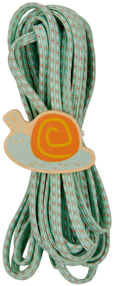 Aufgerolltes grün-weißes Gummiband, befestigt durch einen schneckenförmigen Holzclip mit orangefarbenem Gehäuse.