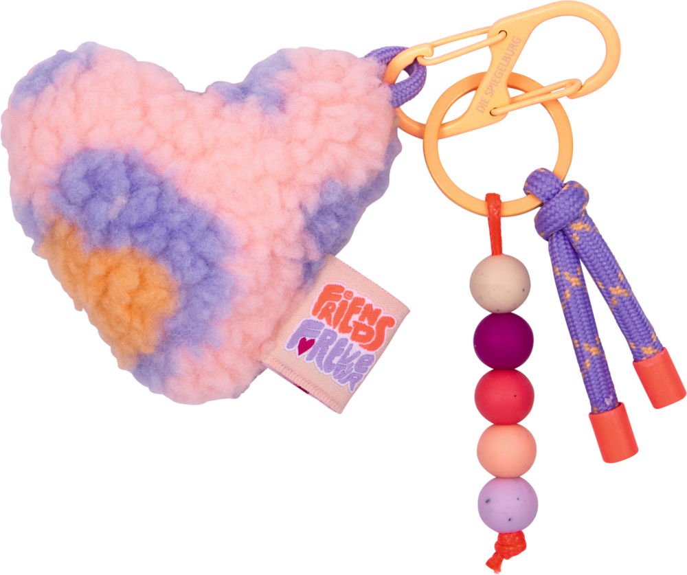 Herzförmiger flauschiger Anhänger in Rosa, Lila und Orange mit Karabiner, Kordel und bunten Perlen.