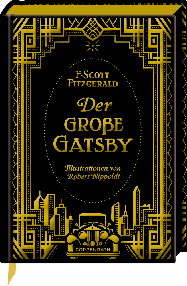 Buchcover: Der große Gatsby – Goldene Art-Déco-Verzierungen, Vintage-Auto-Illustration am unteren Rand des Buchcovers.