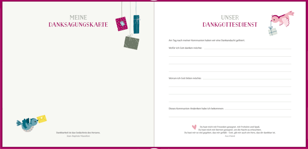 Offenes Eintragalbum: leere Wunschseite (links), Vaterunser auf Deutsch (rechts), überall Blumenmuster.