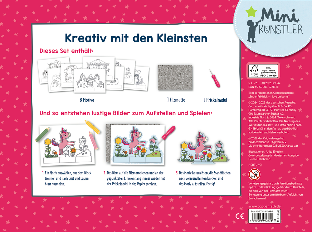 Rückseite eines Bastelsets mit Einhornmotiven, zeigt Inhalt mit acht Malvorlagen, Filzmatte, Prickelnadel und Arbeitsschritte mit farbigen Beispielen.