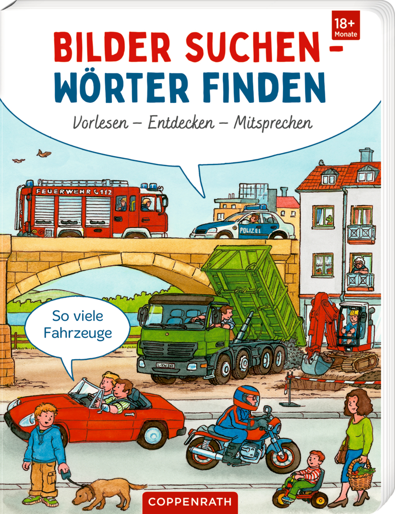 Buchcover von "Bilder suchen - Wörter finden", mit Kinder die in einer belebten Stadt verschiedene Fahrzeuge wie Feuerwehrauto, Polizeiauto und Motorrad beobachten.