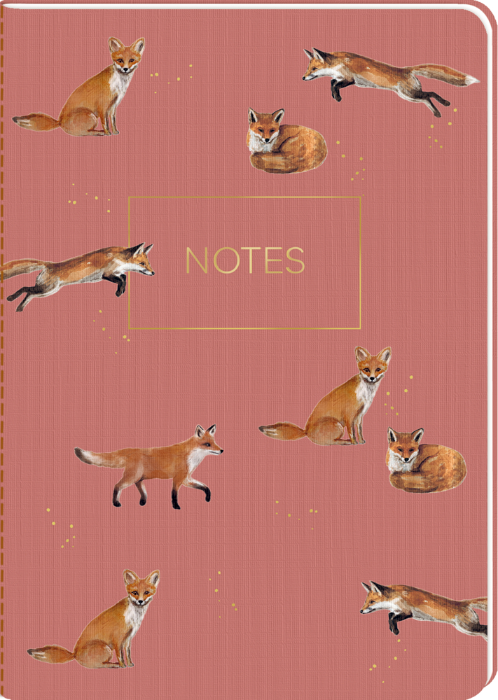 Notizbuch mit rosafarbener Umschlaggestaltung, goldener Aufschrift „NOTES“ und gemalten Füchsen in verschiedenen Posen.