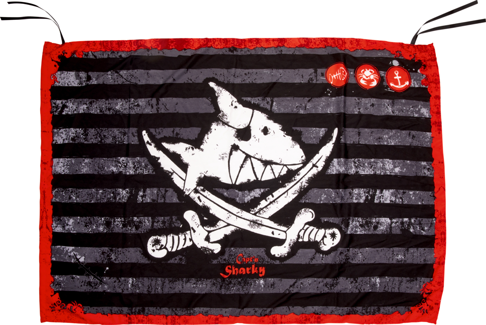 Hai mit Augenklappe und gekreuzten Schwertern auf einer schwarzen Piratenflagge.