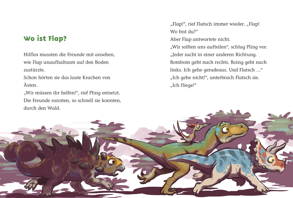 Drei aufgeschreckte Dinosaurier rennen alarmiert durch einen Wald, mit  Text auf der Innenansicht.