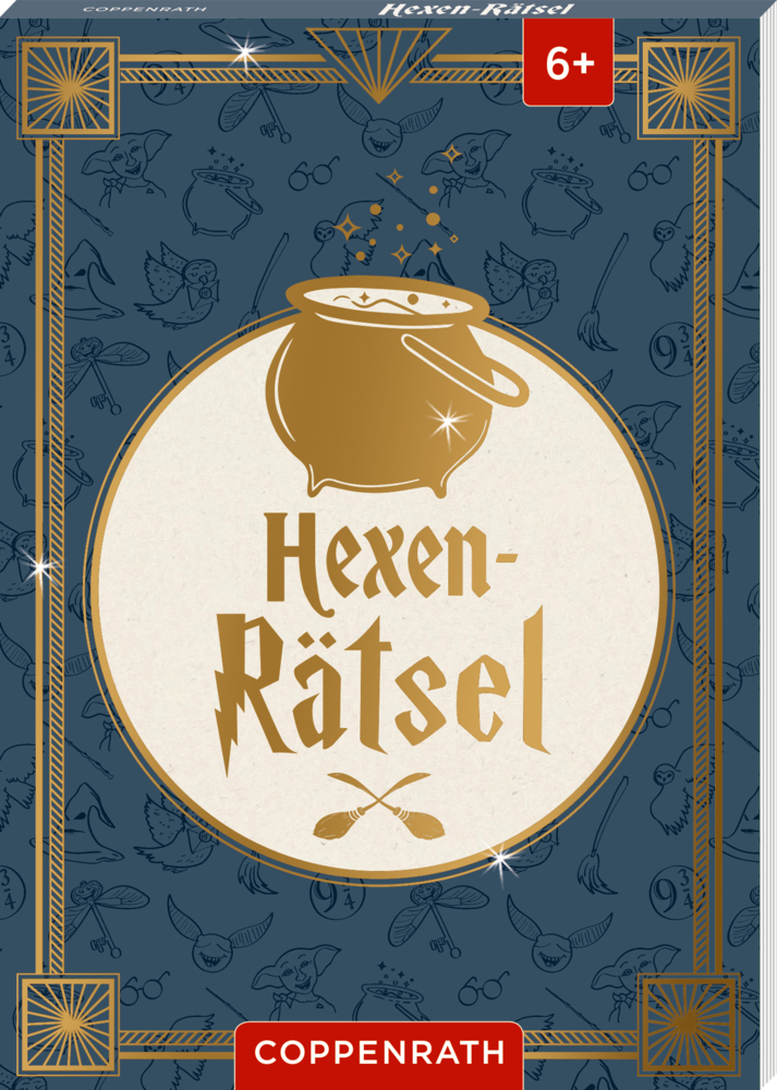 Blaues Buchcover mit goldenem Zauberkessel, Schriftzug „Hexen-Rätsel“, goldenen Besen und magischen Symbolen.