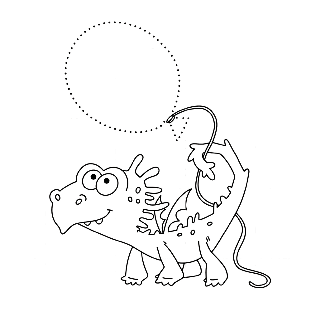 Auf einer Punkt-zu-Punkt Seite hat ein lächelnder Cartoon-Drache einen Ballon an seinem Schwanz.