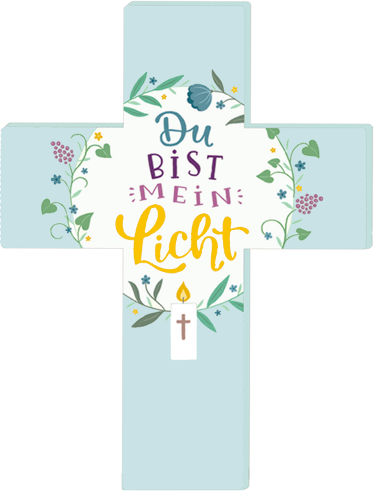 Hellblaues Kreuz mit Blumenmuster, dem Text „Du bist mein Licht“ und einer Kerze.