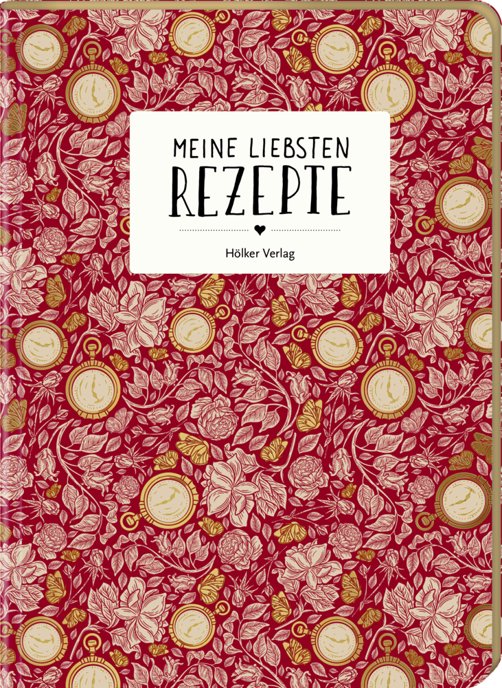 Rot geblümter Rezeptbucheinband mit weißem Etikett mit der Aufschrift „Meine liebsten Rezepte“.