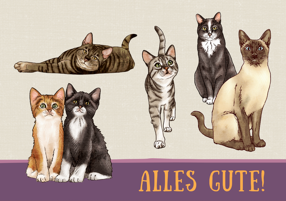 Illustration von sechs unterschiedlich gefärbten Katzen auf beigem Hintergrund mit dem Text „Alles Gute!“.
