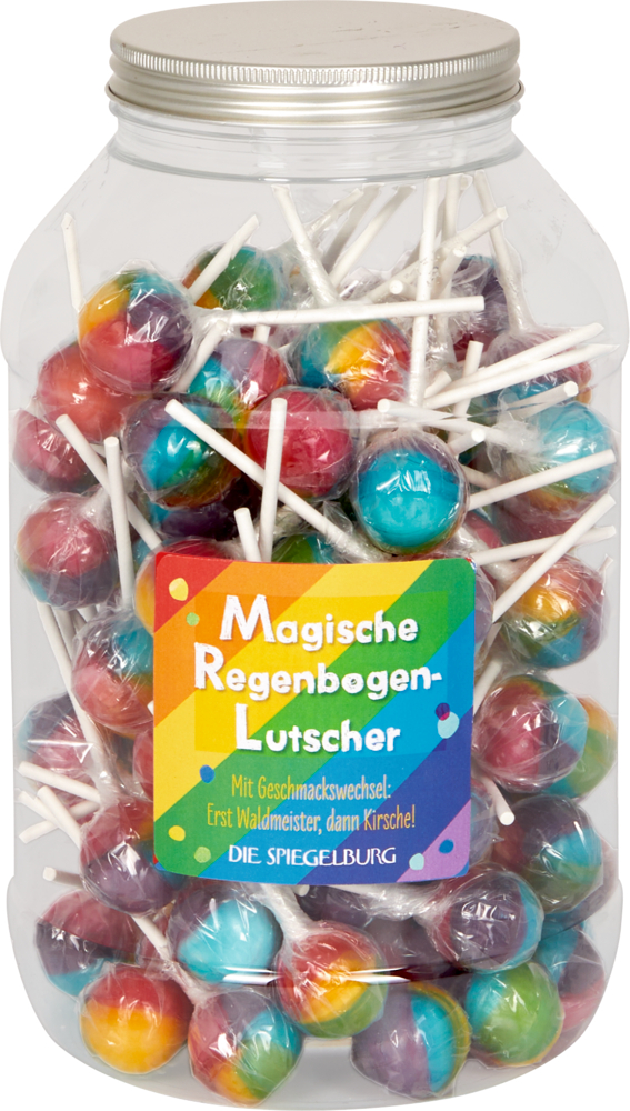 Glas mit regenbogenfarbenen Lutschern mit der Aufschrift „Magische Regenbogen-Lutscher“.