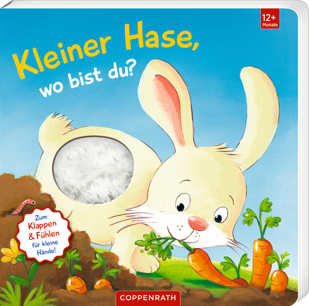 Hase, der eine Karotte zieht, mit einem flauschigen Fleck und dem Titel des Covers: „Kleiner Hase, wo bist du?“.