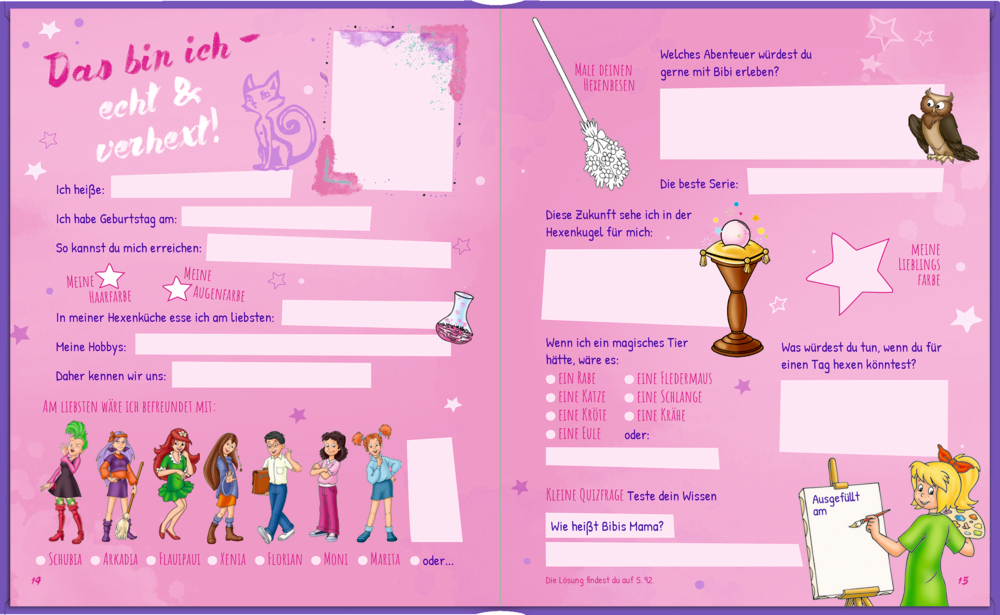 Zweiseitige rosa Kinder-Mitmachseite mit Feldern zum Eintragen persönlicher Daten und Illustrationen von Hexenfiguren und magischen Symbolen.