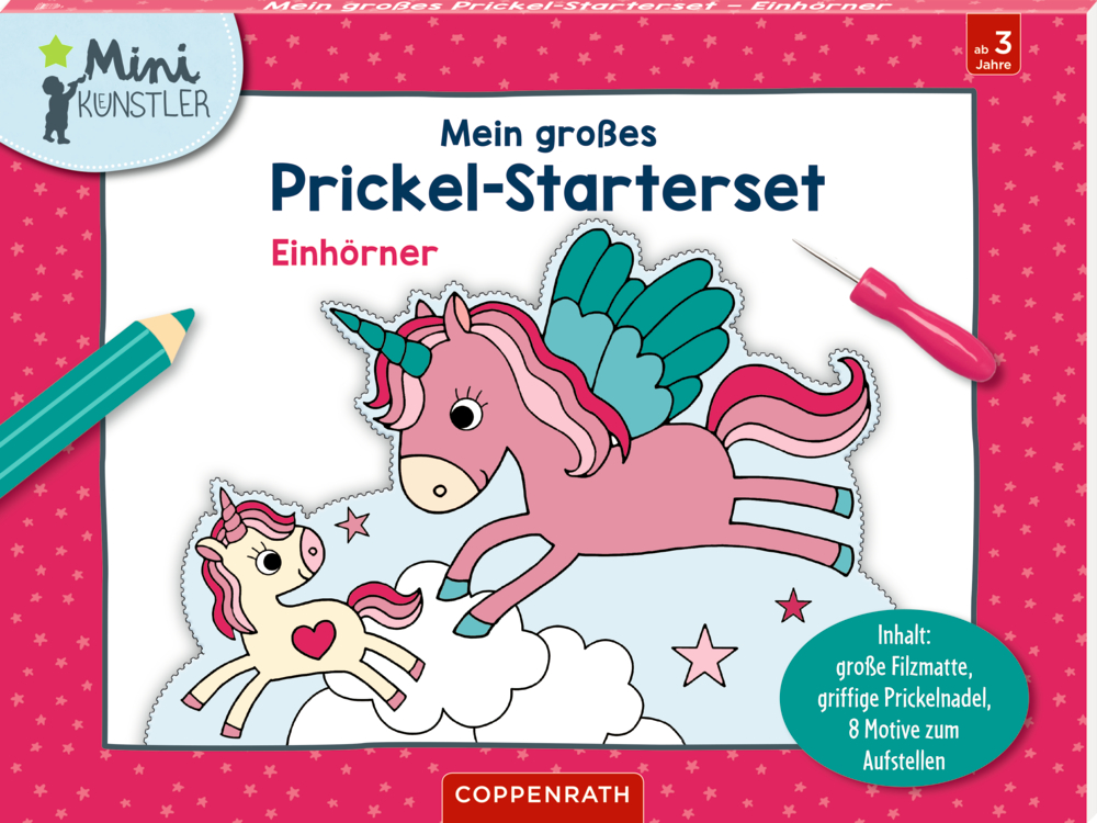Cover eines Prickel-Startersets mit rosa und gelbem Einhorn auf Wolken, pinker Prickelnadel und türkisfarbenem Buntstift.