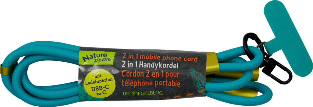 Türkises 2-in-1-Handykabel mit Handy-Befestigung und USB-C-Ladefunktion in beschrifteter Verpackung.