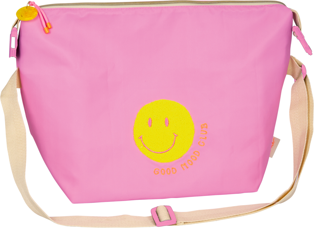 Pinkfarbene Lunchtasche mit gelbem Smiley und dem Schriftzug Good Mood Club auf der Vorderseite.