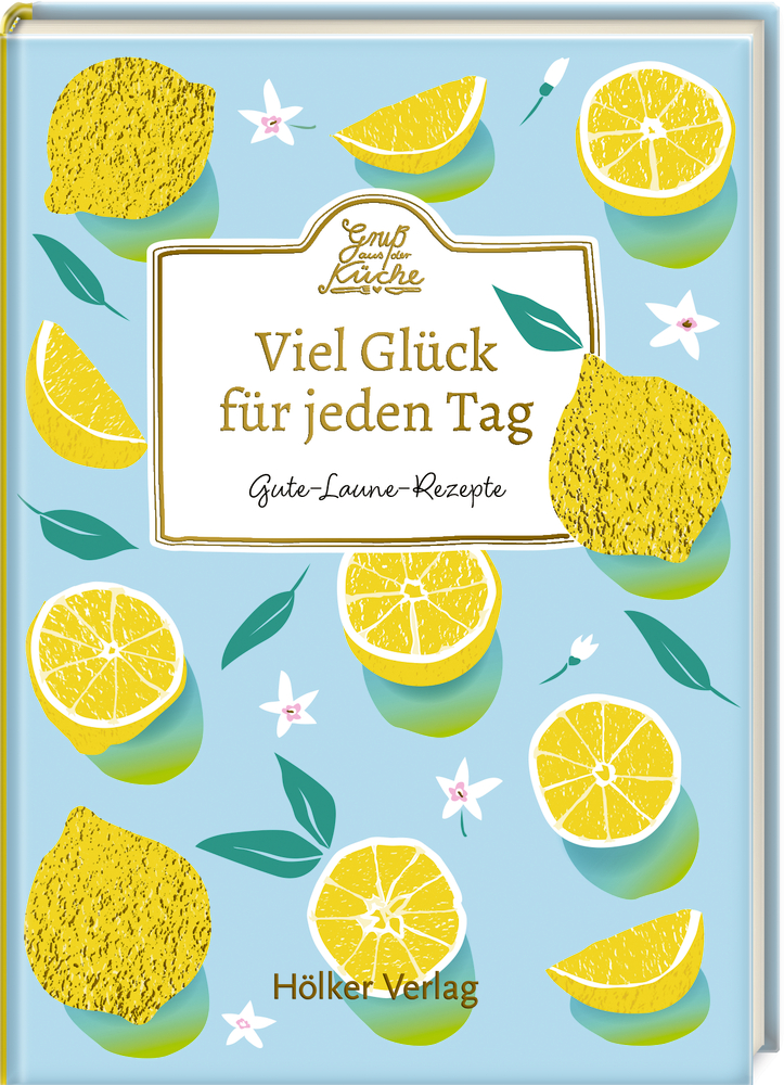 Buchcover mit gezeichneten Zitronen, Zitronenscheiben und grünen Blättern auf hellblauem Hintergrund.