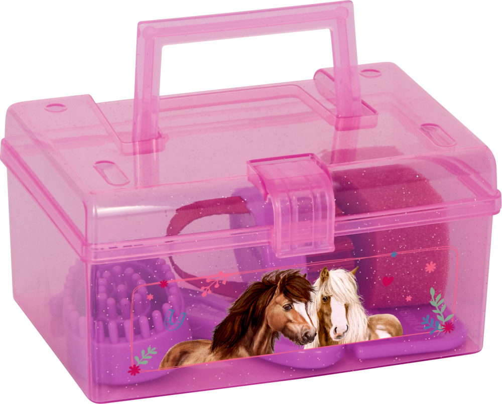 Rosafarbene Kunststoffbox mit Griff, Pferdeillustrationen und sichtbaren Pflegewerkzeugen im Inneren.