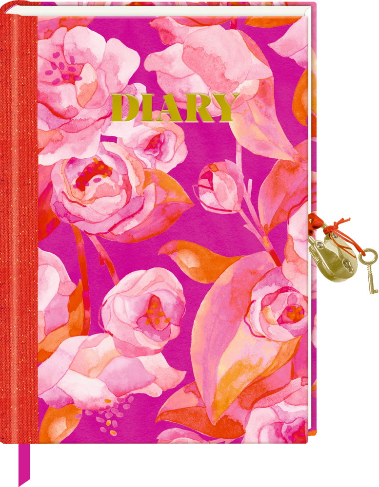 Rosa Tagebuch mit goldener Aufschrift, rotem Rücken, Lesebändchen und Schloss mit Schlüssel.