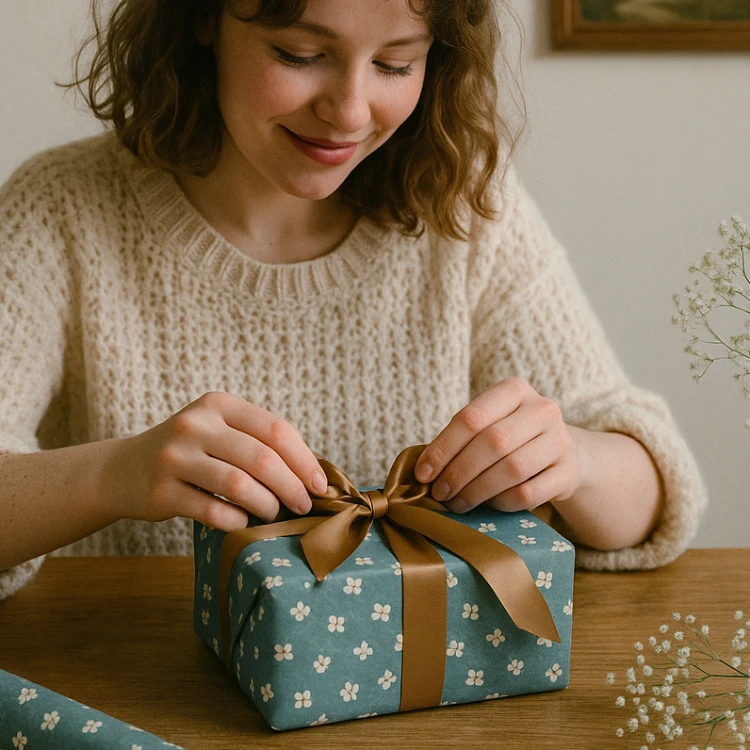 Eine Frau an einem Tisch verziert ein Geschenk mit einer schönen schleife.