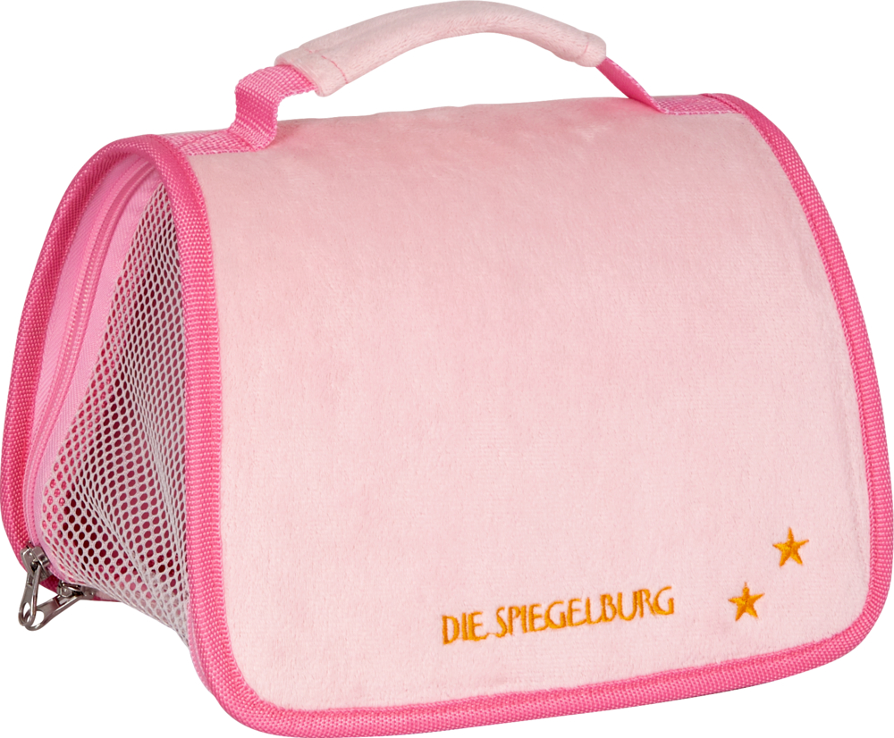 Rosa Plüsch-Haustiertragetasche mit Netzseiten, zwei gelben Sternen und der Aufschrift „DIE SPIEGELBURG“.
