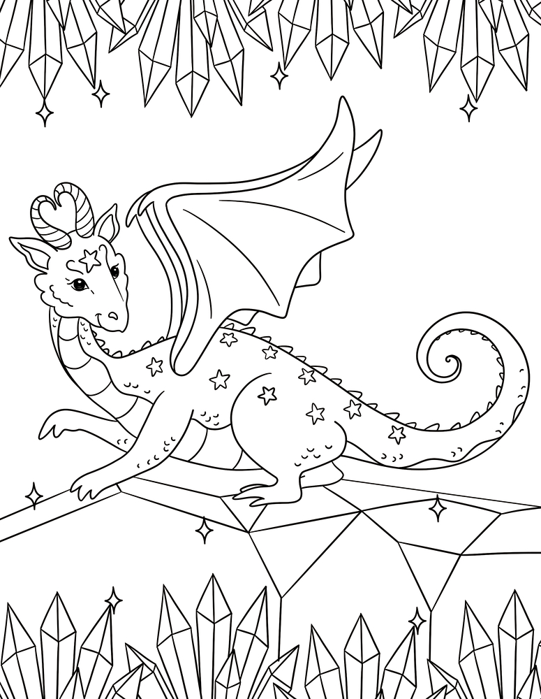Ausmalmotiv eines Drachen umgeben von großen Kristallen.