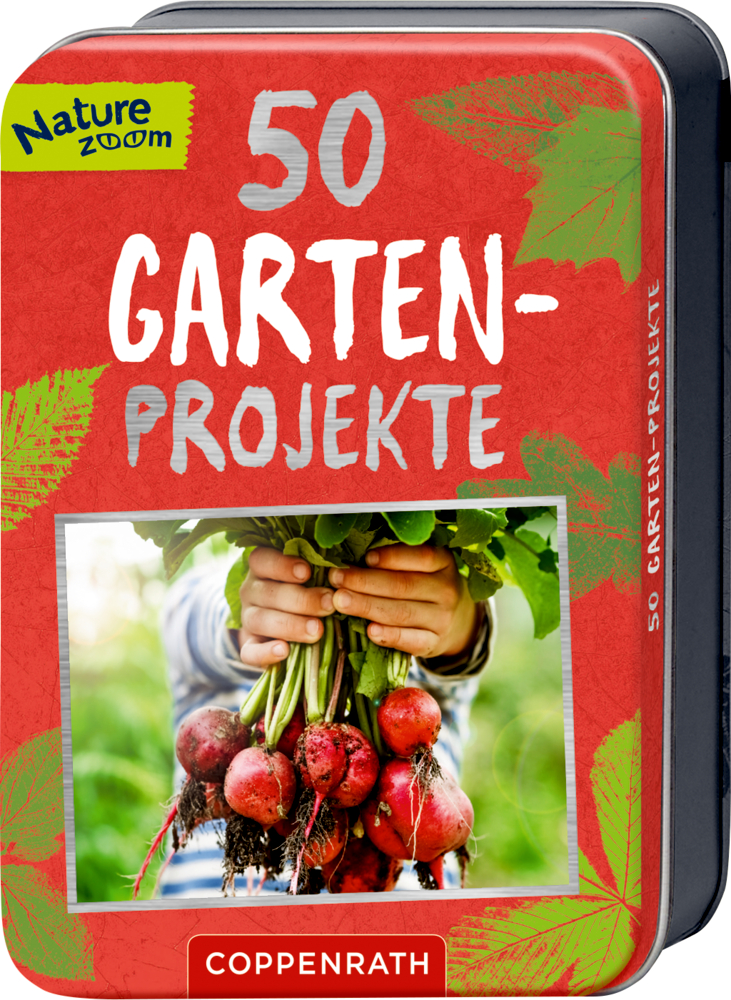 Blechdose „50 Garten-Projekte“ mit Titelbild: Hände halten frisch geerntete Radieschen.