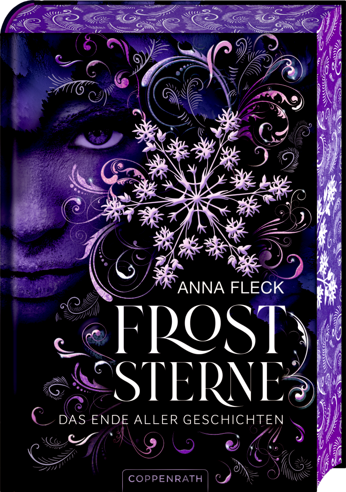 Buchcover von Froststerne mit düsteremk, lilafarbenen Gesicht, Schneeflocken und weißen Deko-Schnörkeln.