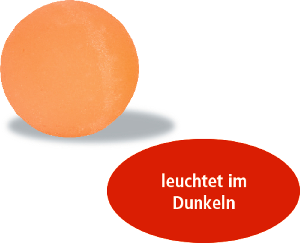 Orangefarbener Ball mit Text "leuchtet im Dunkeln".