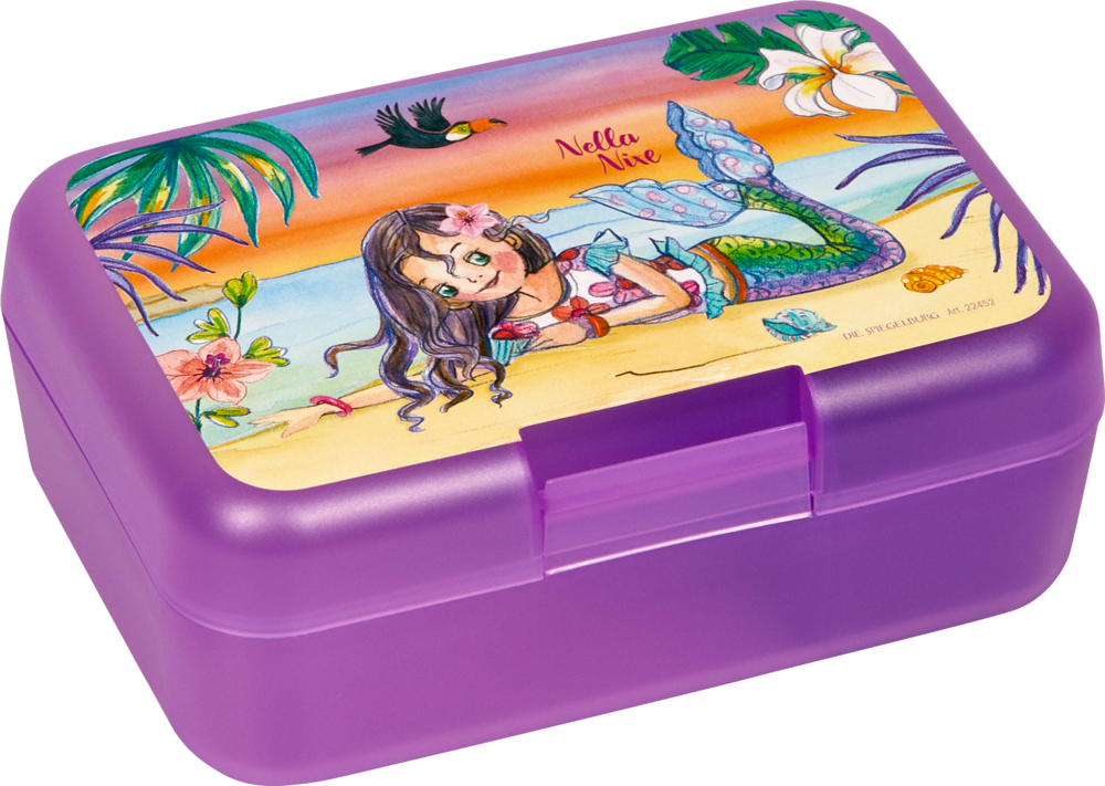 Lilafarbene Lunchbox mit einer Meerjungfrau und tropischen Blumen auf dem Deckel.