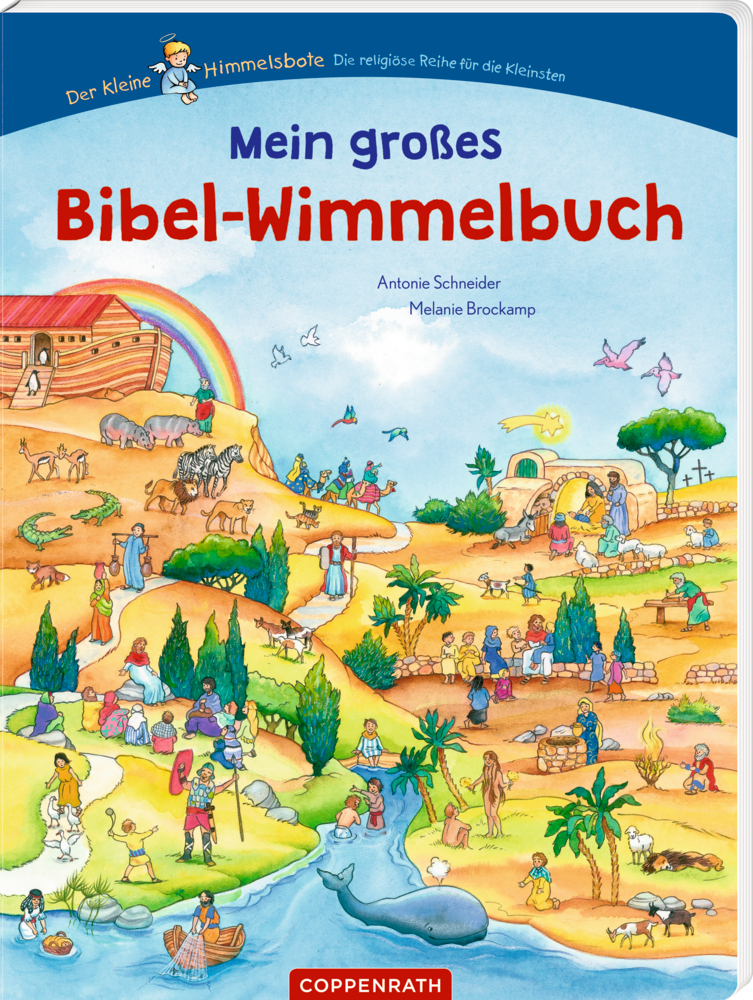 Farbenfroher Kinderbibeleinband mit illustrierten biblischen Szenen, Menschen, Tieren, Bäumen und dem Titel "Mein großes Bibel-Wimmelbuch".