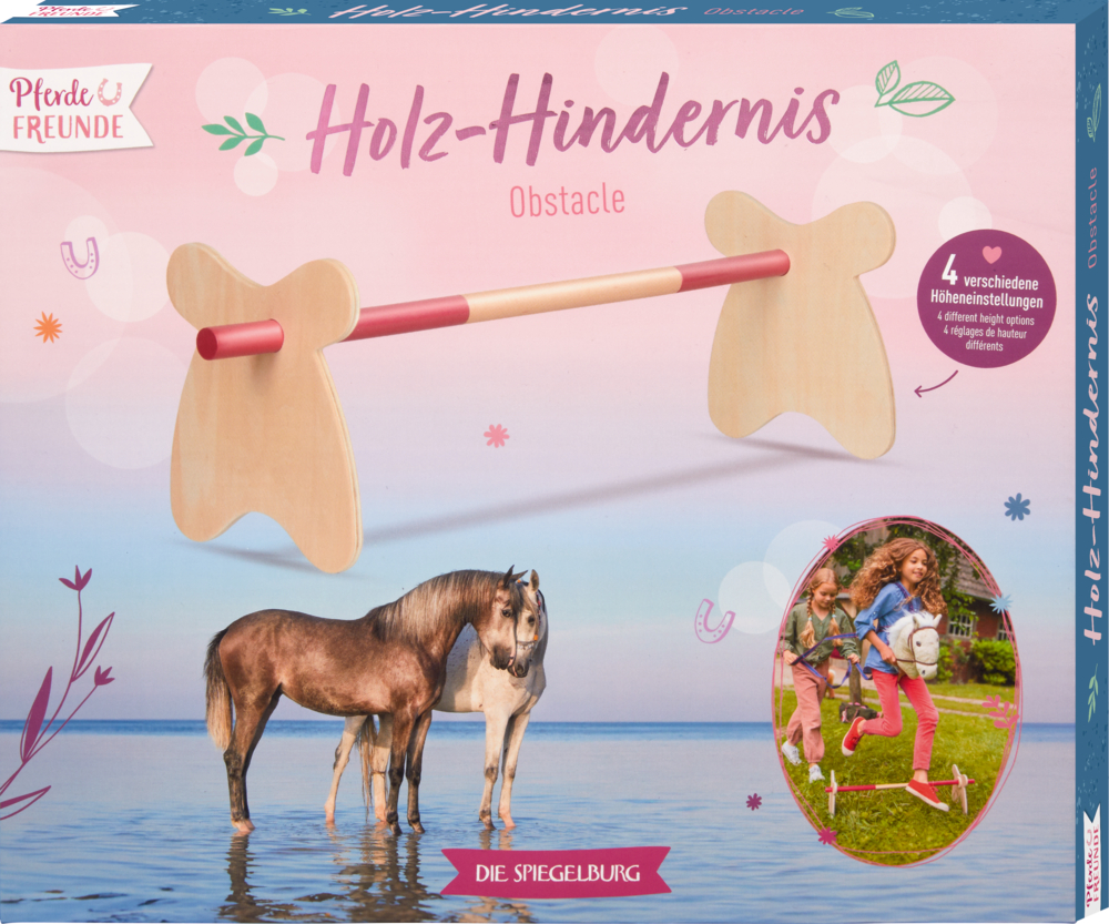 Holzhindernisset für Kinder, auf der Verpackung abgebildet mit einem Pony und zwei spielenden Mädchen.