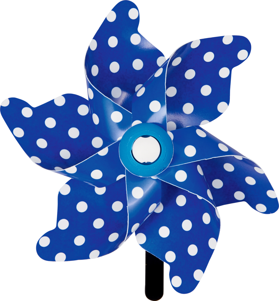 Blaues Windrad mit weißen Punkten und einer zentralen blauen Nabe, von vorne gezeigt.