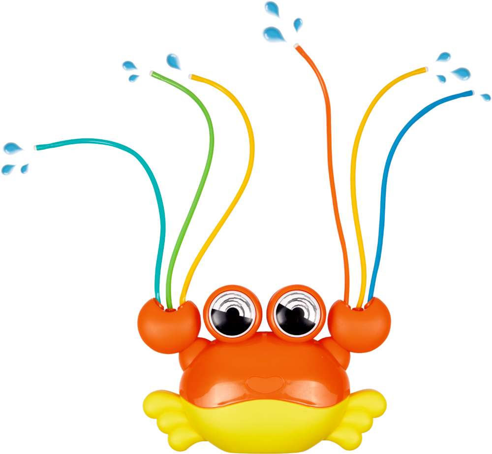 Spielzeugkrabbe mit Wackelaugen schießt Wasser durch bunte Röhren nach oben.