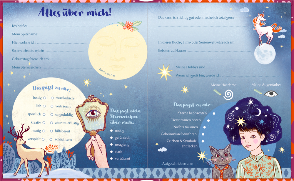 Illustrierte Doppelseite mit Formularfeldern und Auswahlkreisen, um persönliche Angaben und Vorlieben auszufüllen, verziert mit Mond, Einhorn, Reh, Katze und Sternen.